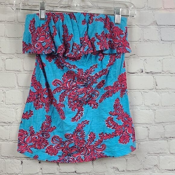 Lilly Pulitzer Wiley Ruffle Tube Top Rhode Island Reef XS/0 Strapless Knit Tee - Picture 3 of 12